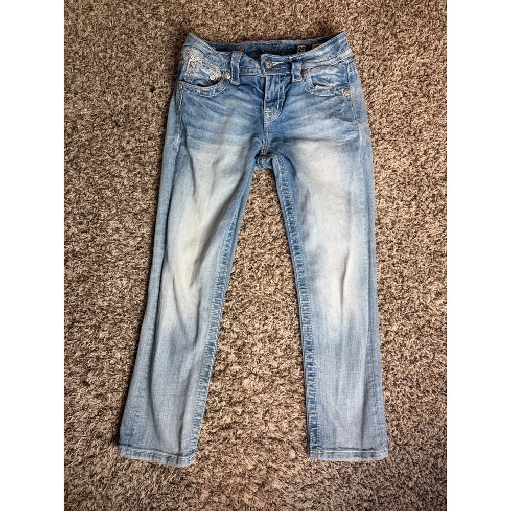 Miss Me Girls‎ Light Wash Standard Crop Jeans Fleur De Lis Sequin Size 25